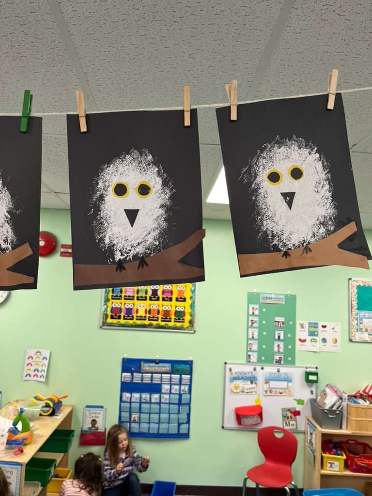 Painted owls made by the children hang from a line above the classroom.